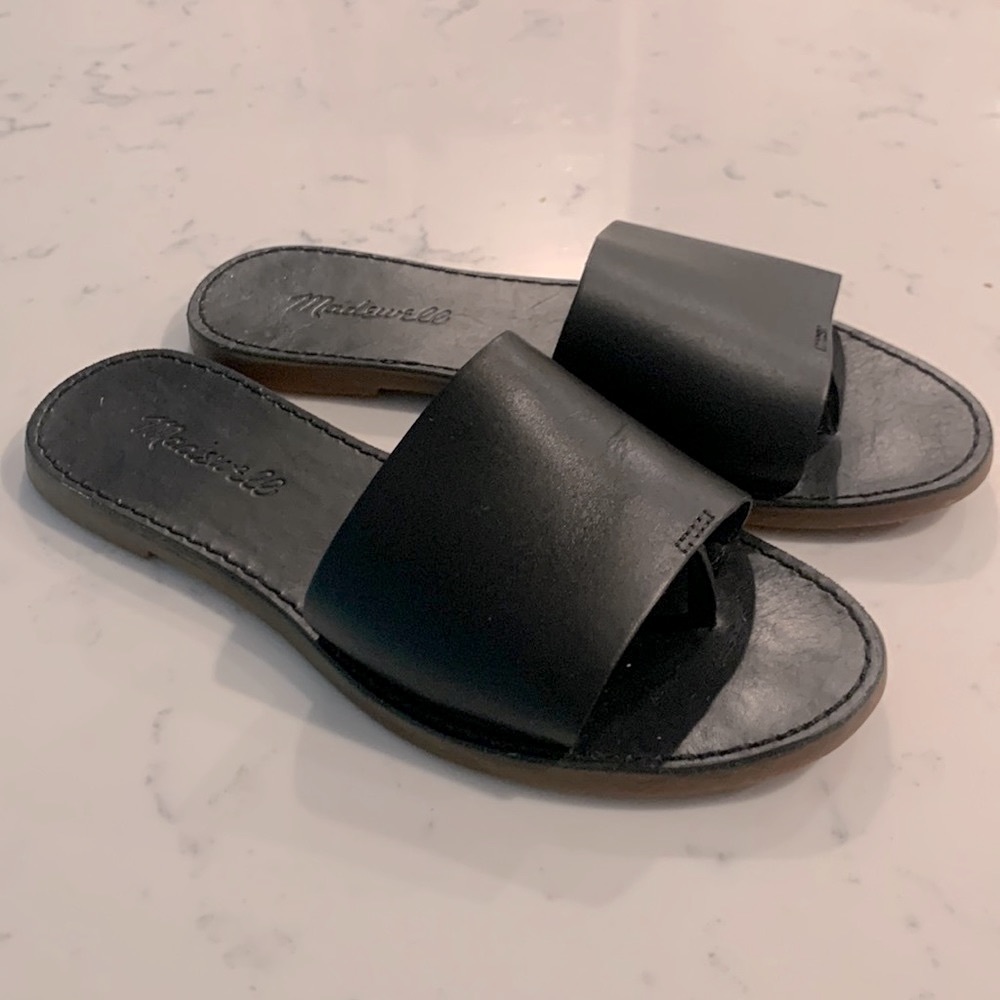 Madewell Black Leather Sandal Boardwalk Post Slides